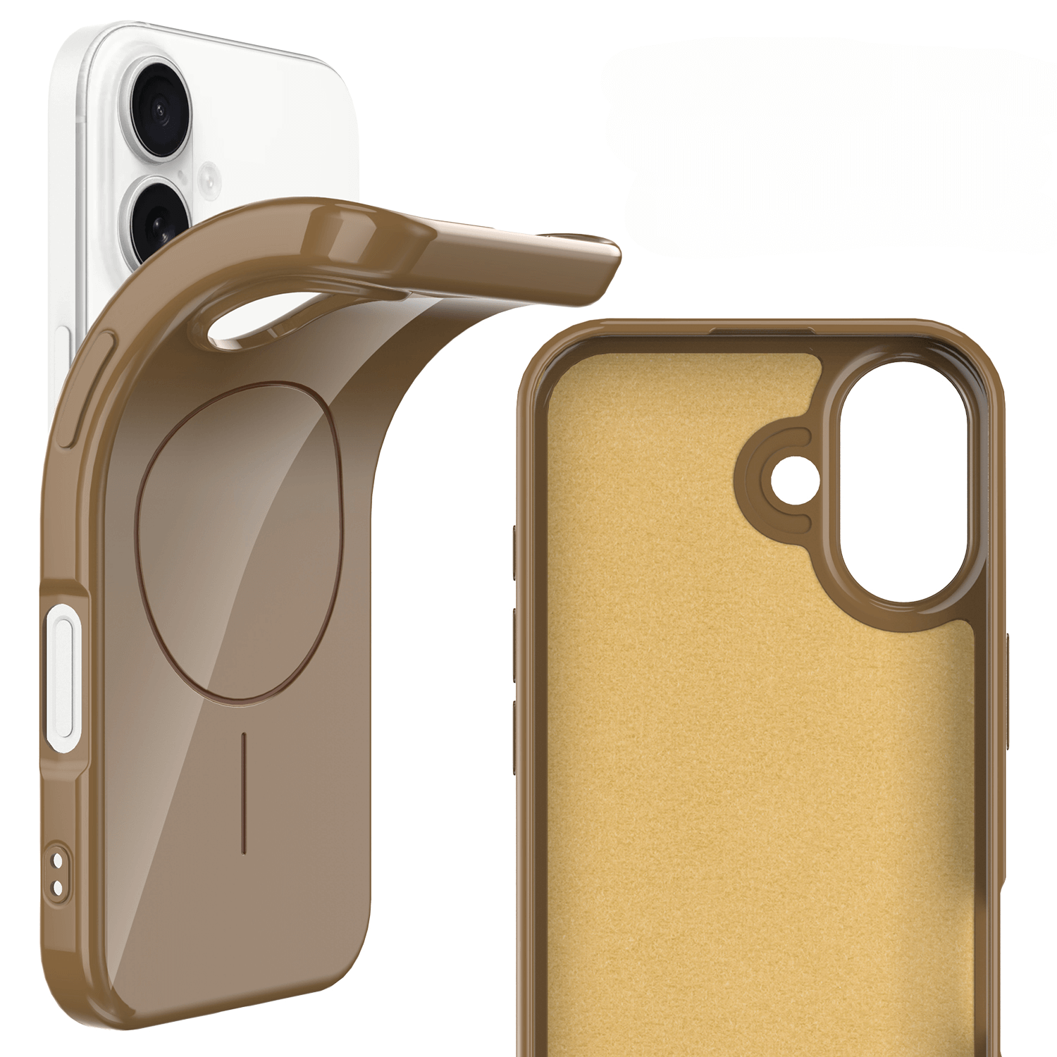 Zwei braune TPU Handyhüllen von Cover-Discount - eine mit flexiblem Rand - liegen neben einem weißen Dual-Kamera-Handy, perfekt als iPhone 17 - Unifarbenes Backcover mit MagSafe.