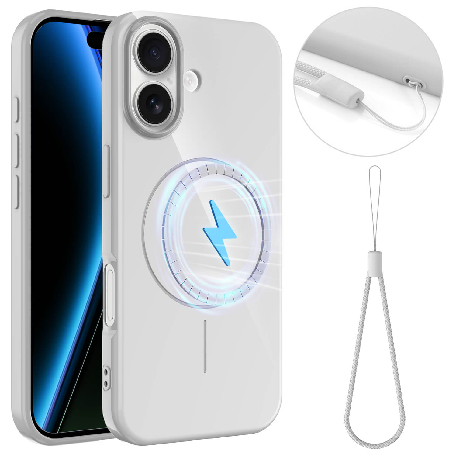 Das Cover-Discount iPhone 17 - Unifarbenes Backcover mit MagSafe in schlichtem Weiß verfügt über eine abnehmbare Handgelenkschlaufe und ein sicheres TPU-Design mit sichtbarem MagSafe-Symbol.