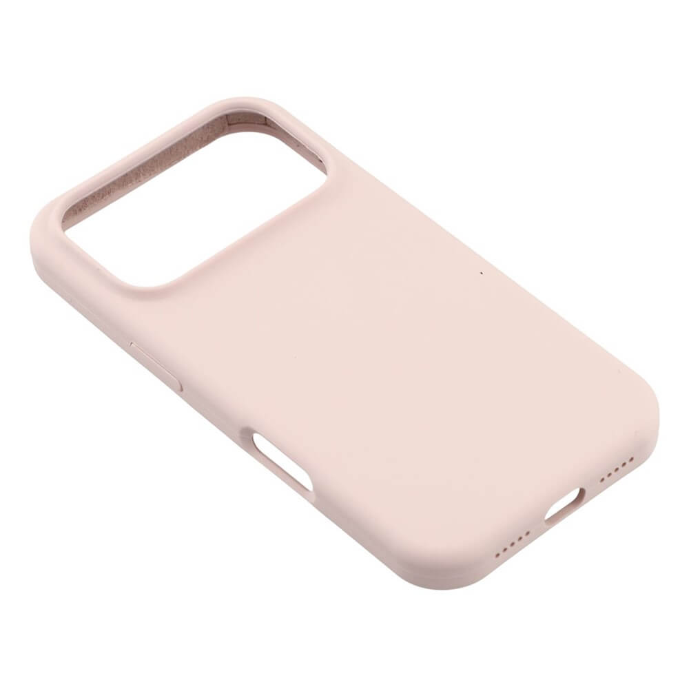 17 Pro Max - Solide Silikonhülle in zartem Rosa bietet klassischen, schlanken Schutz mit großem Kameraausschnitt. Präsentiert vor weißem Hintergrund.