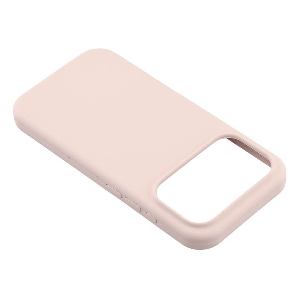 Die iPhone 17 Pro Max - Solide Silikonhülle von Cover-Discount in Hellrosa verfügt über eine Soft-Touch-Oberfläche und einen großen Kameraausschnitt, der schräg auf einem weißen Hintergrund für schlanken Schutz sorgt.