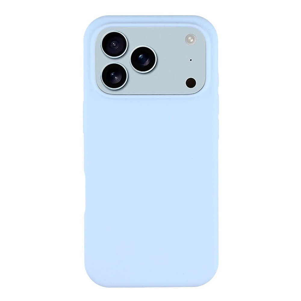 Die Cover-Discount iPhone 17 Pro Max - Solide Silikonhülle in Light Blue bietet schlanken Schutz und passt perfekt um das Smartphone mit drei Rückkameras und Blitz.
