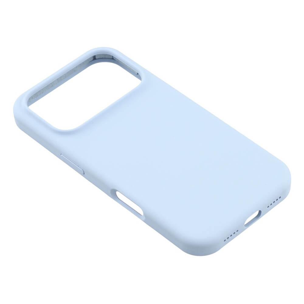 Die Cover-Discount iPhone 17 Pro Max - Solide Silikonhülle in Hellblau bietet schlanken Schutz und präzise Aussparungen für Tasten, Kamera und Ladeanschluss, dargestellt auf einem weißen Hintergrund.