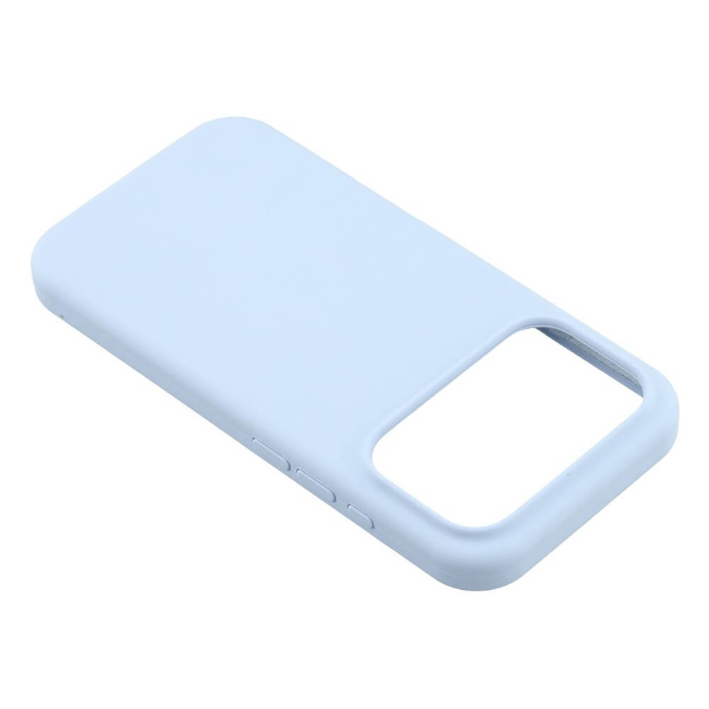 Die iPhone 17 Pro Max - Solide Silikonhülle von Cover-Discount in Hellblau bietet schlanken Schutz mit Soft-Touch-Oberfläche und offenem Kameraausschnitt - elegant präsentiert auf weißem Hintergrund.