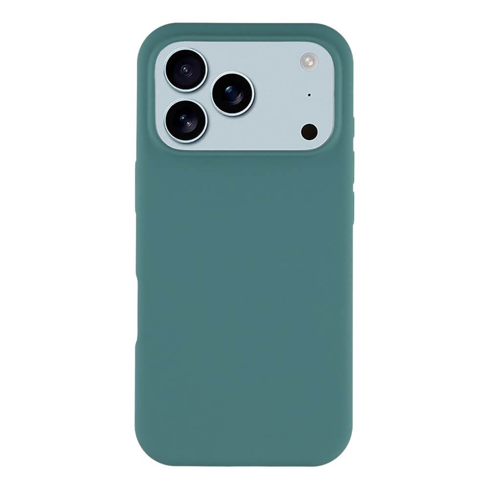Das Cover-Discount iPhone 17 Pro Max - Solide Silikonhülle in Grün umschliesst das Smartphone mit drei Kameras und Blitz, bietet schlanken Schutz und trägt dabei nicht auf.