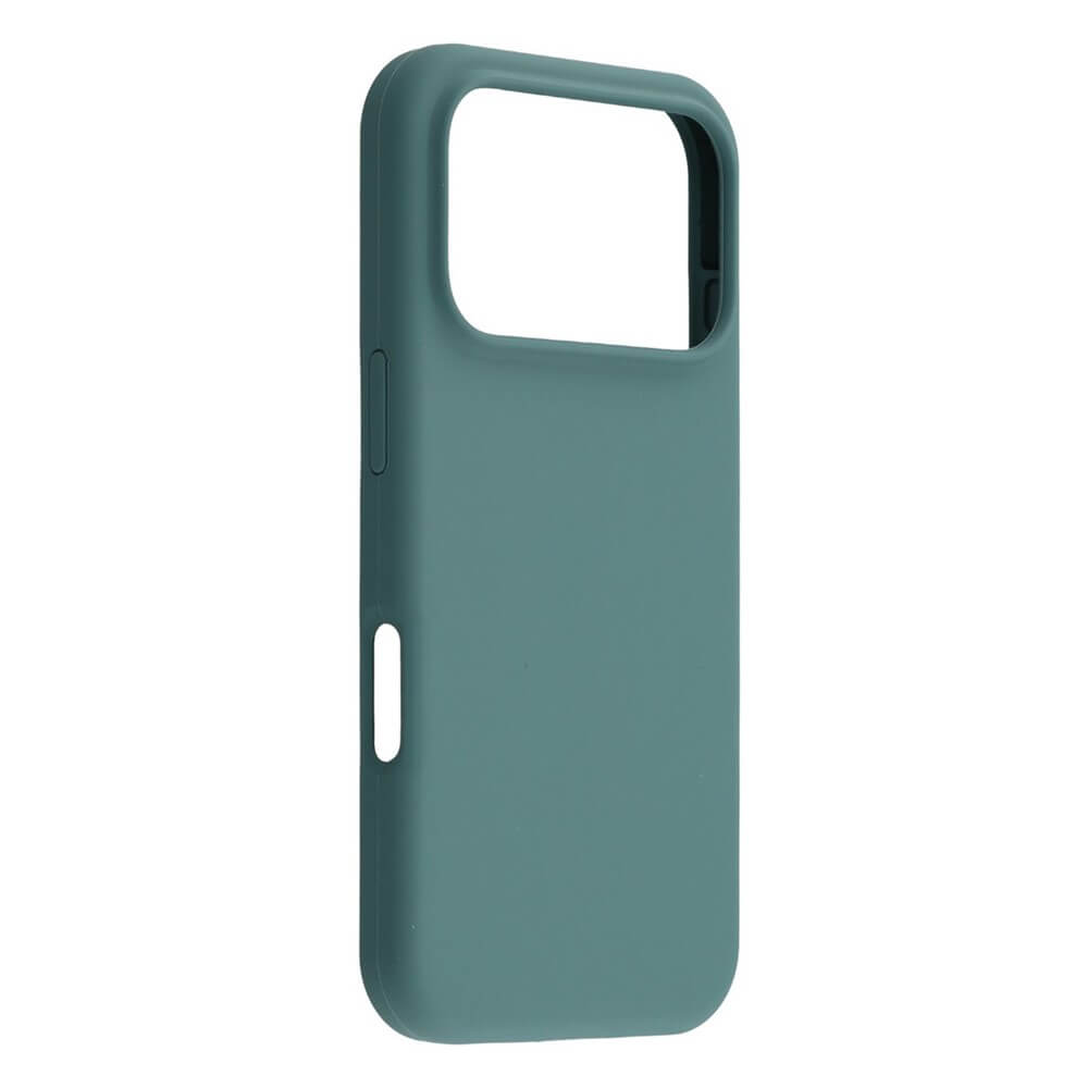 Die Cover-Discount iPhone 17 Pro Max - Solide Silikonhülle in Teal bietet schlanken Schutz, Soft-Touch-Finish und eine extra-grosse Kameraaussparung - hier aus einem Winkel betrachtet.