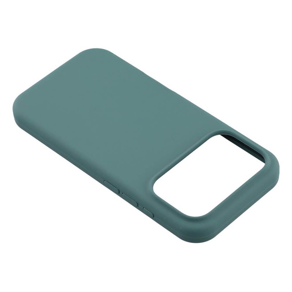 Die Cover-Discount iPhone 17 Pro Max - Solide Silikonhülle in teal zeichnet sich durch eine Soft-Touch-Oberfläche, schlanken Schutz und einen offenen Kameraausschnitt aus, abgebildet auf einem weißen Hintergrund.