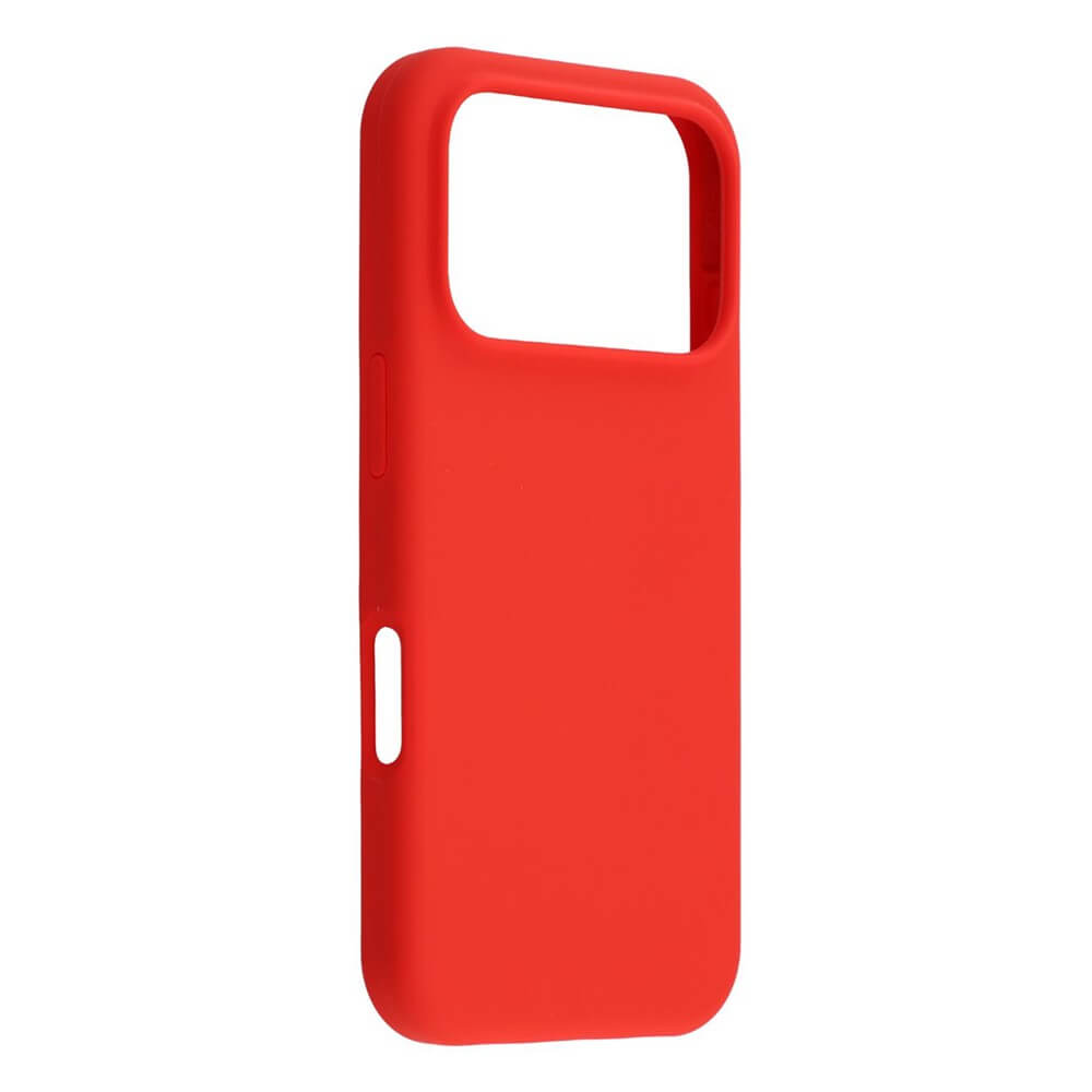 Die Cover-Discount iPhone 17 Pro Max - Solide Silikonhülle in Rot mit großem rechteckigem Kameraausschnitt bietet schlanken und angenehmen Schutz. Präsentiert vor weißem Hintergrund.