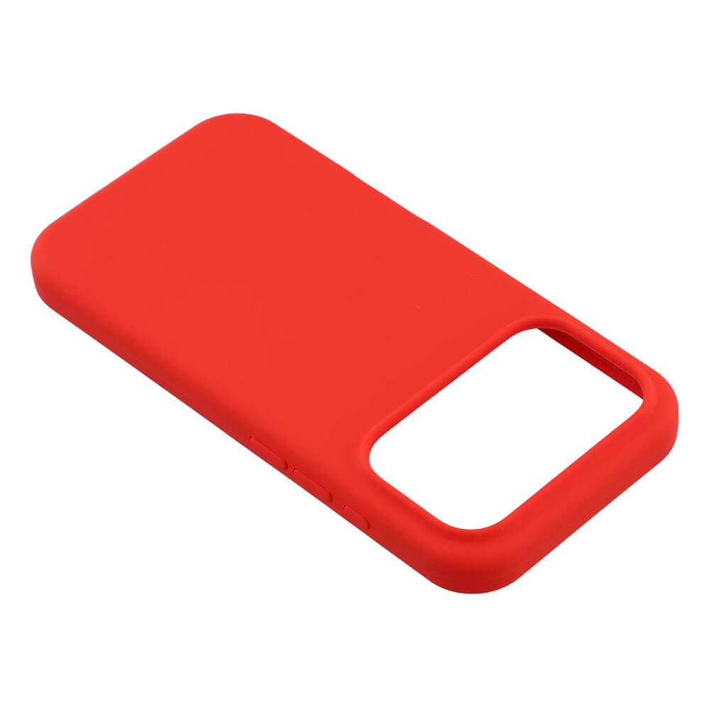 Die Cover-Discount iPhone 17 Pro Max - Solide Silikonhülle in Rot bietet schlanken Schutz mit großem Kameraausschnitt, präsentiert vor weißem Hintergrund.