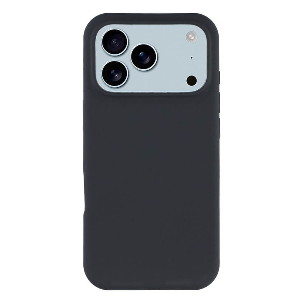 Die Cover-Discount iPhone 17 Pro Max - Solide Silikonhülle in Schwarz bietet Soft-Touch-Komfort und schlanken Schutz für Smartphones mit Dual-Rückkamera und einem hellgrauen Kameramodul.