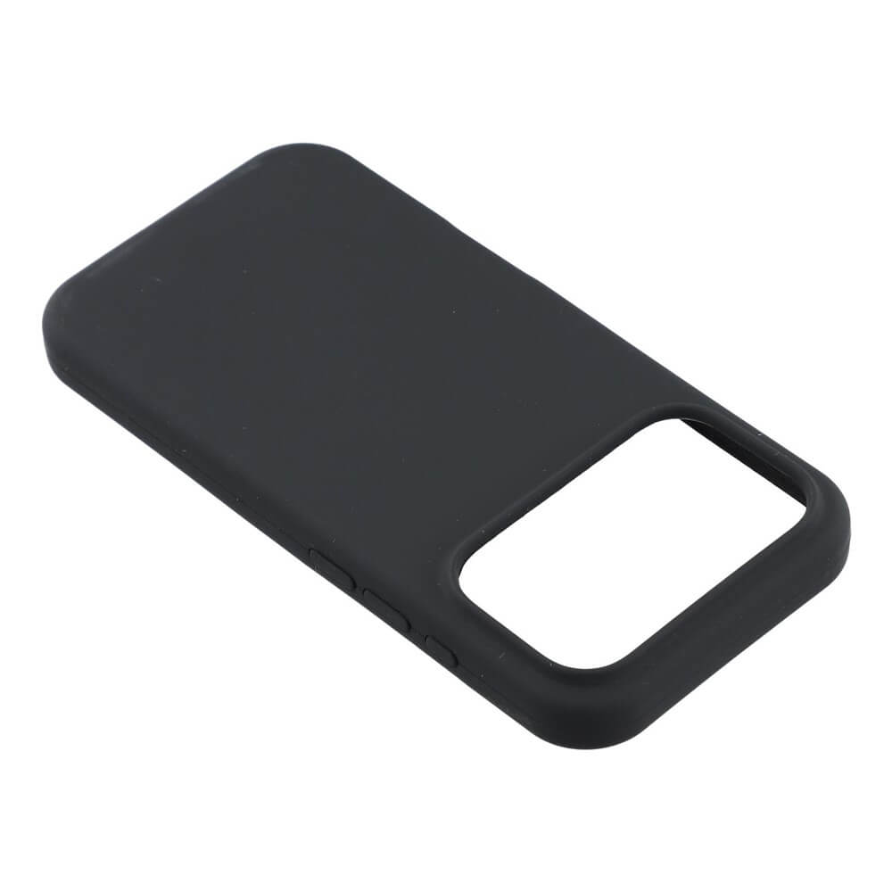 Schlanker Schutz: Die Cover-Discount iPhone 17 Pro Max - Solide Silikonhülle bietet einen großen, rechteckigen Kameraausschnitt und ein elegantes schwarzes Design auf weißem Hintergrund.