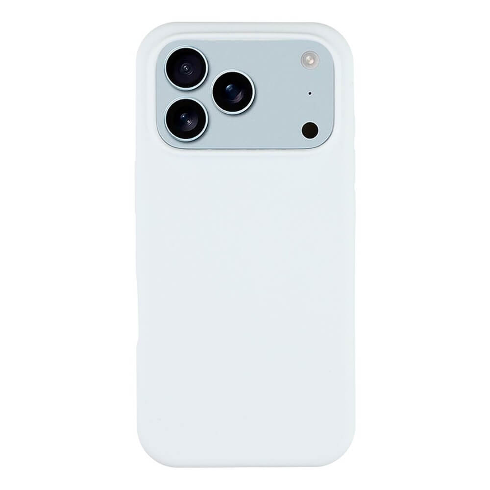 Die Cover-Discount iPhone 17 Pro Max - Solide Silikonhülle schützt ein weißes Smartphone mit einer dreifachen Rückkamera und bietet schlanken Schutz und eine weiche Haptik vor einem schlichten weißen Hintergrund.