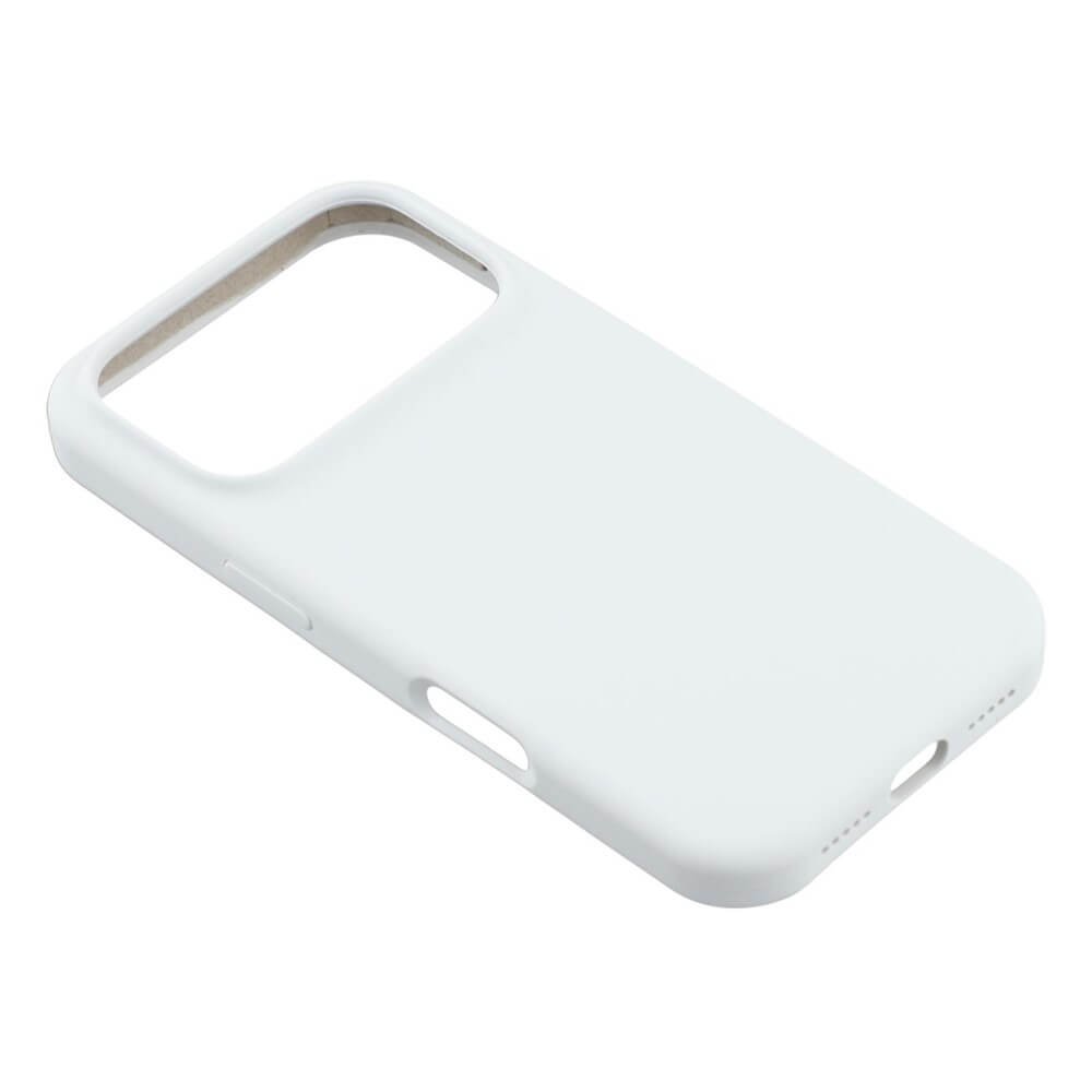 Die Cover-Discount iPhone 17 Pro Max - Solide Silikonhülle in Weiß bietet präzise Aussparungen für Kamera, Tasten und Ladeanschluss sowie eine Soft-Touch-Oberfläche, präsentiert vor weißem Hintergrund.