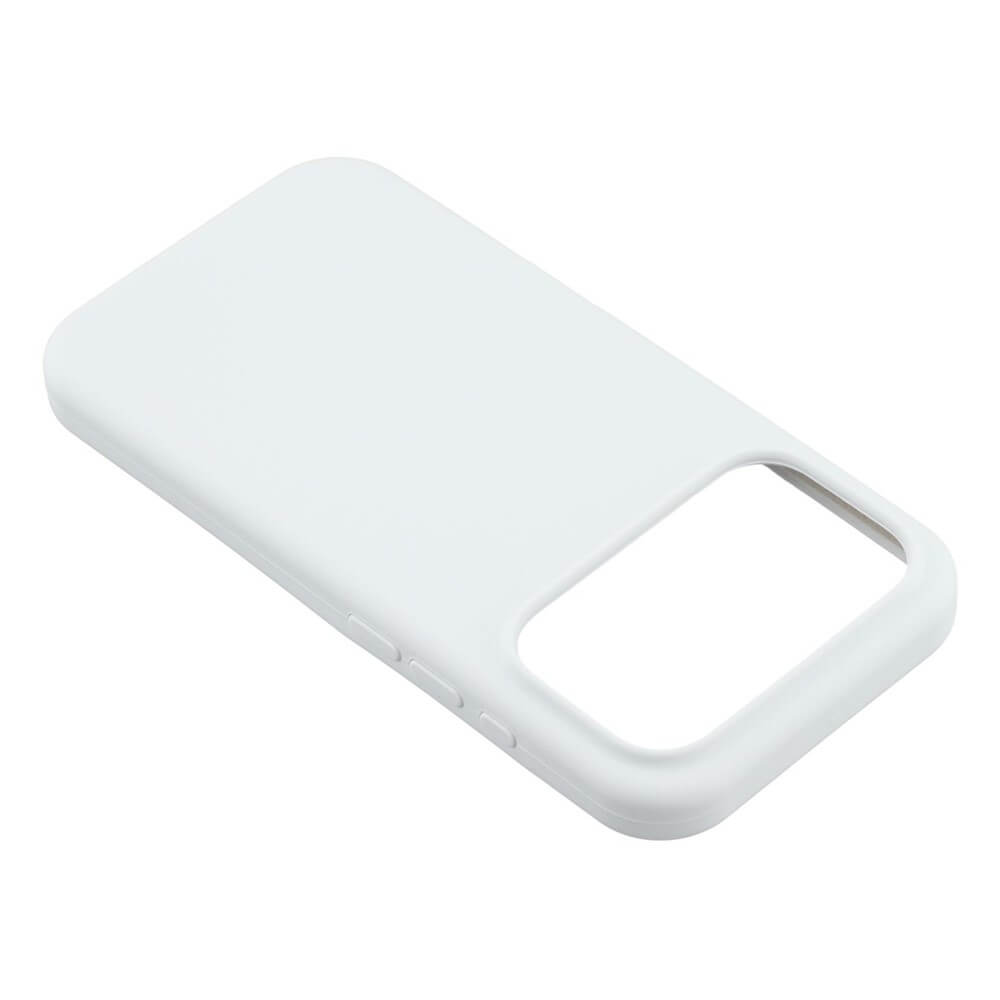 Die Cover-Discount iPhone 17 Pro Max - Solide Silikonhülle in Weiß bietet schlanken Schutz, einen großen Kameraausschnitt und ein stilvolles, minimalistisches Design - hier schräg auf einer ebenen Fläche liegend.