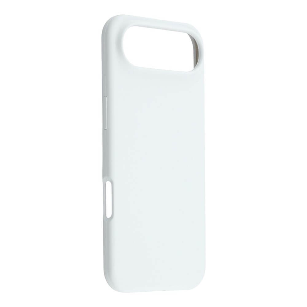 Die iPhone 17 Air - Solide Silikonhülle in Weiss von Cover-Discount zeichnet sich durch eine große Kameraaussparung, eine Soft-Touch-Oberfläche und einen schlanken Rundumschutz aus und steht aufrecht vor einem schlichten weißen Hintergrund.