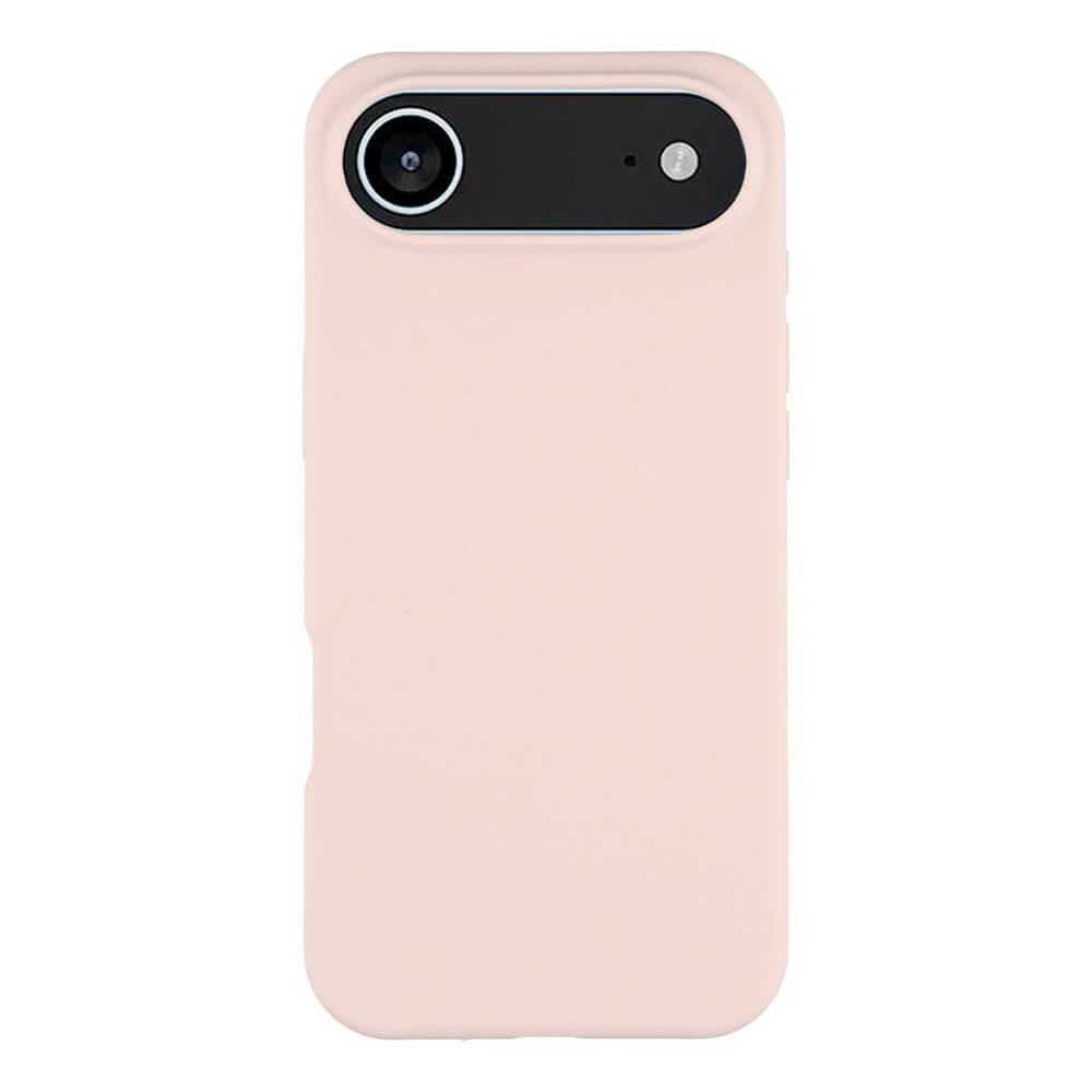 Die Cover-Discount iPhone 17 Air - Solide Silikonhülle in blassrosa zeigt sich von der Rückseite mit Kamera- und Blitzausschnitten. Sie verfügt über einen schlanken Rundumschutz und ein Soft-Touch-Finish für Schutz und einen angenehmen Griff.