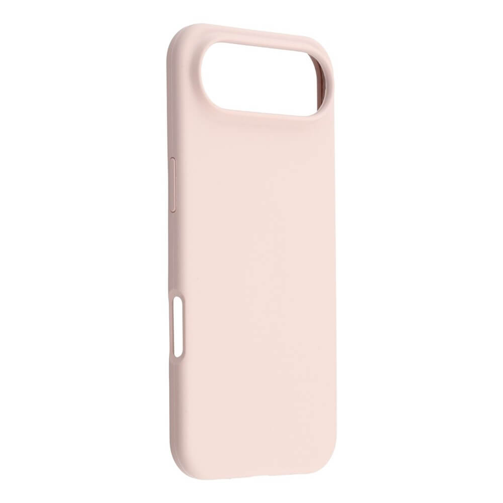Die Cover-Discount iPhone 17 Air - Solide Silikonhülle in zartem Rosa bietet schlanken Rundumschutz, einen grossen Kameraausschnitt und ein elegantes Design auf weißem Hintergrund.
