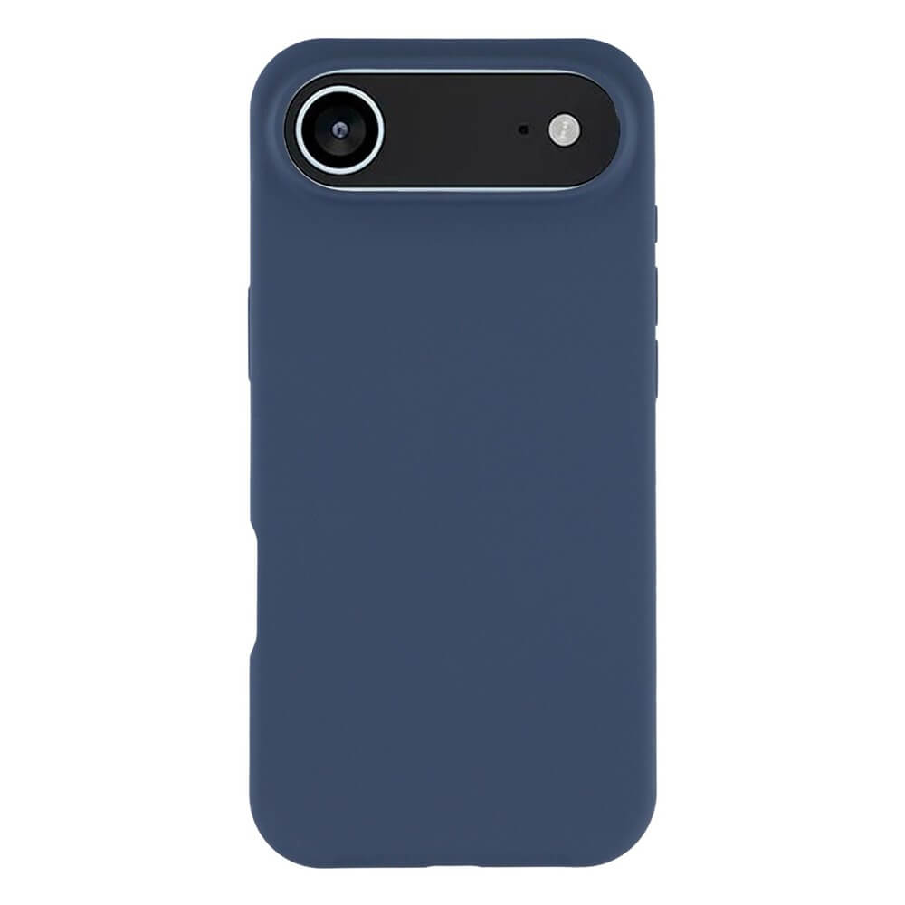 Die Cover-Discount iPhone 17 Air - Solide Silikonhülle in Blau bietet schlanken Rundumschutz, Soft-Touch-Oberfläche und passgenaue Kamera- und Blitz-Aussparung, hier von hinten abgebildet.