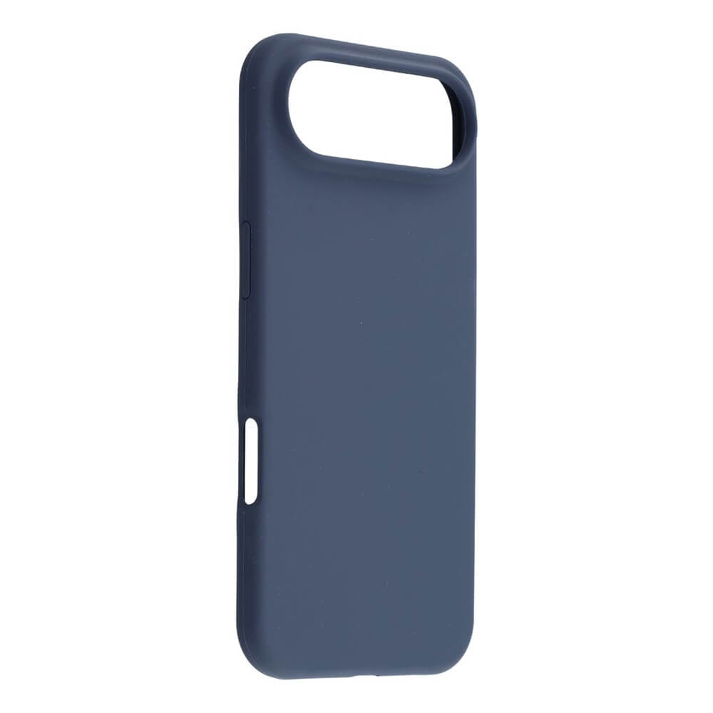 Die Cover-Discount iPhone 17 Air - Solide Silikonhülle ist eine dunkelblaue, minimalistische Hülle mit schlankem Rundumschutz und präzisen Aussparungen für Kamera und Tasten. Die Soft-Touch-Oberfläche wird auf weißem Hintergrund in Szene gesetzt.