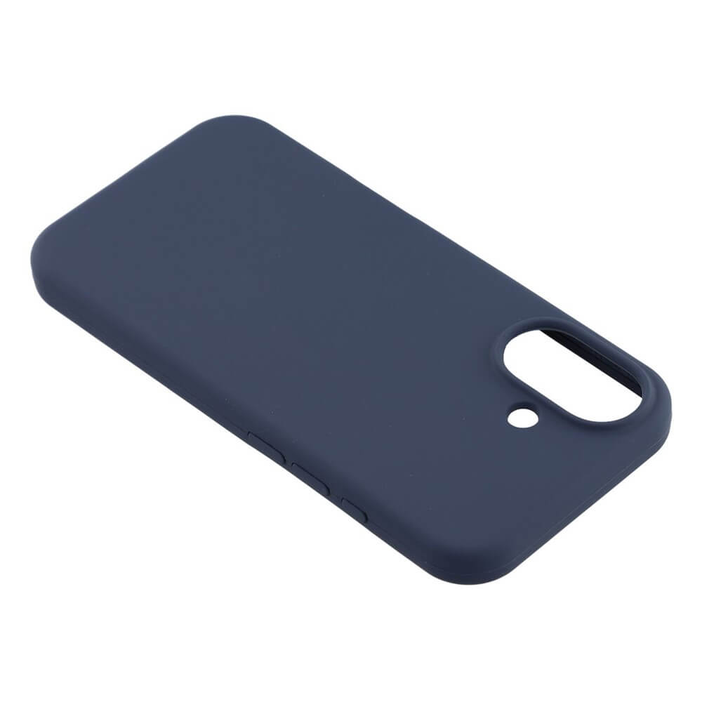 Die Cover-Discount iPhone 17 - Solide Silikonhülle in Dunkelblau bietet schlanken Soft-Touch-Schutz mit passgenauen Aussparungen für Kamera und Tasten, präsentiert auf weißem Hintergrund.