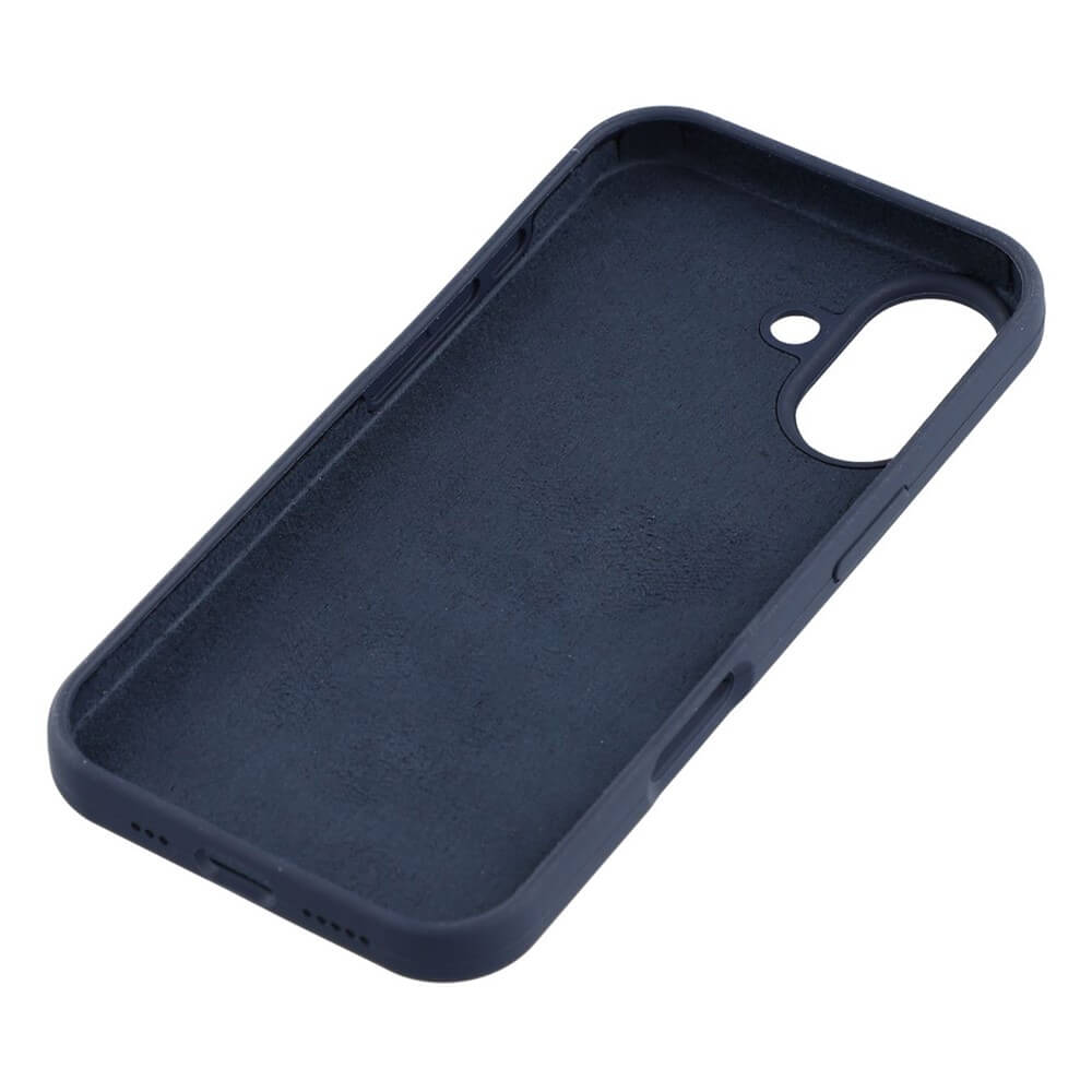 Die Cover-Discount iPhone 17 - Solide Silikonhülle in Dunkelblau verfügt über eine Soft-Touch-Oberfläche, präzise Kamera- und Tastenausschnitte und bietet schlanken Schutz, abgebildet auf einem weißen Hintergrund.