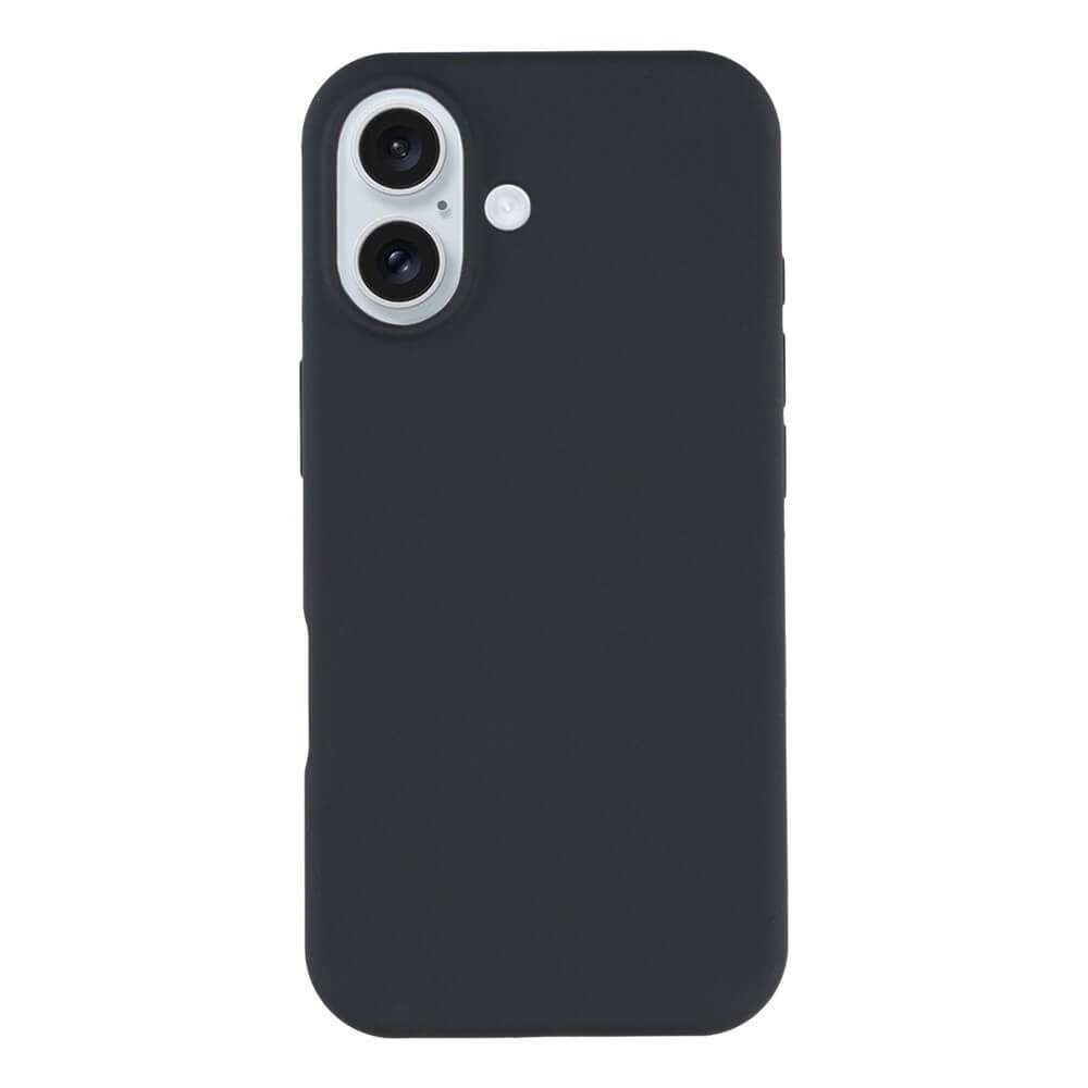 Das schwarze iPhone 17 mit Dual-Rückkamera und Blitzlicht wird von der Cover-Discount Solide Silikonhülle geschützt, die schlanken Schutz und einen schlanken, minimalistischen Look von hinten bietet.