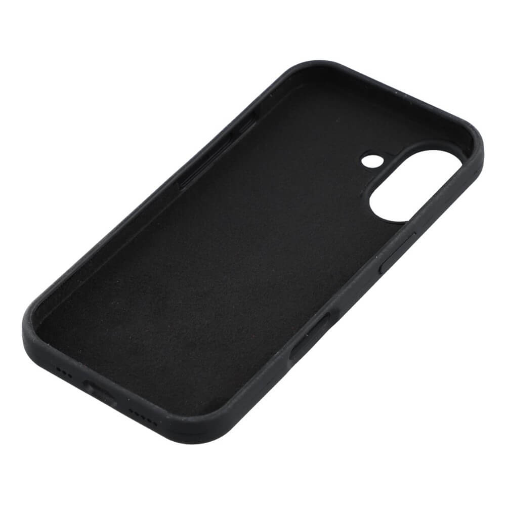 Cover-Discount iPhone 17 - Solide Silikonhülle in Schwarz mit Kamera- und Tastenaussparungen, aus schützendem Soft-Touch-Silikon. Abgebildet aus schräger Top-Perspektive vor weißem Hintergrund. Schlanker Schutz für Ihr Gerät.