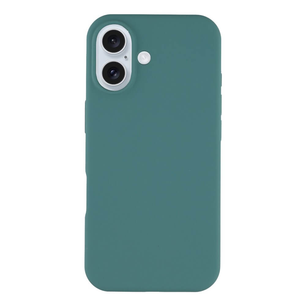 Eine grüne Cover-Discount iPhone 17 - Solide Silikonhülle mit schlankem Schutz, Dual-Kamera und Blitz auf der Rückseite wird vor einem weißen Hintergrund dargestellt.