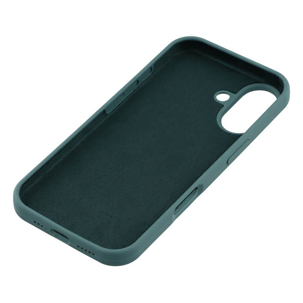 Die Cover-Discount iPhone 17 - Solide Silikonhülle in Dunkelgrün verfügt über eine Soft-Touch-Oberfläche, einen schlanken Schutz und präzise Aussparungen für Tasten und die Kamera auf weißem Hintergrund.
