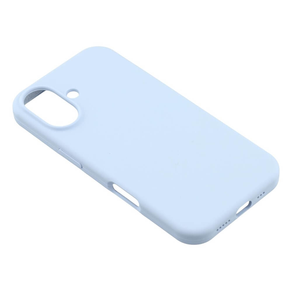 Die Cover-Discount iPhone 17 - Solide Silikonhülle in Hellblau bietet schlanken Schutz mit Soft-Touch-Oberfläche und präzisen Ausschnitten für Kamera und Tasten, präsentiert auf weißem Hintergrund.