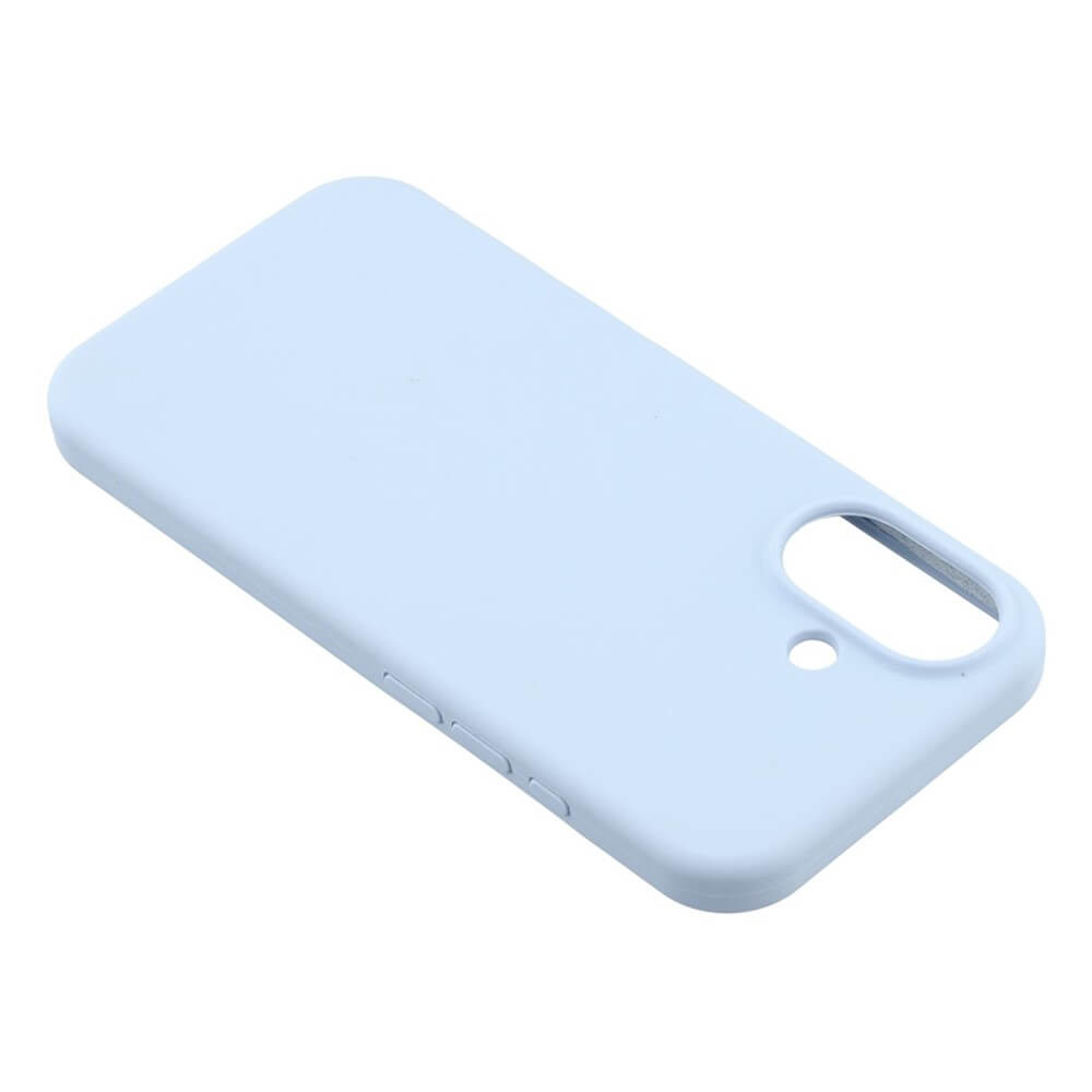 Die Cover-Discount iPhone 17 - Solide Silikonhülle in Hellblau bietet schlanken Schutz, Soft-Touch-Oberfläche und präzise Ausschnitte für Kamera und Tasten - stilvoll präsentiert auf weißem Hintergrund.