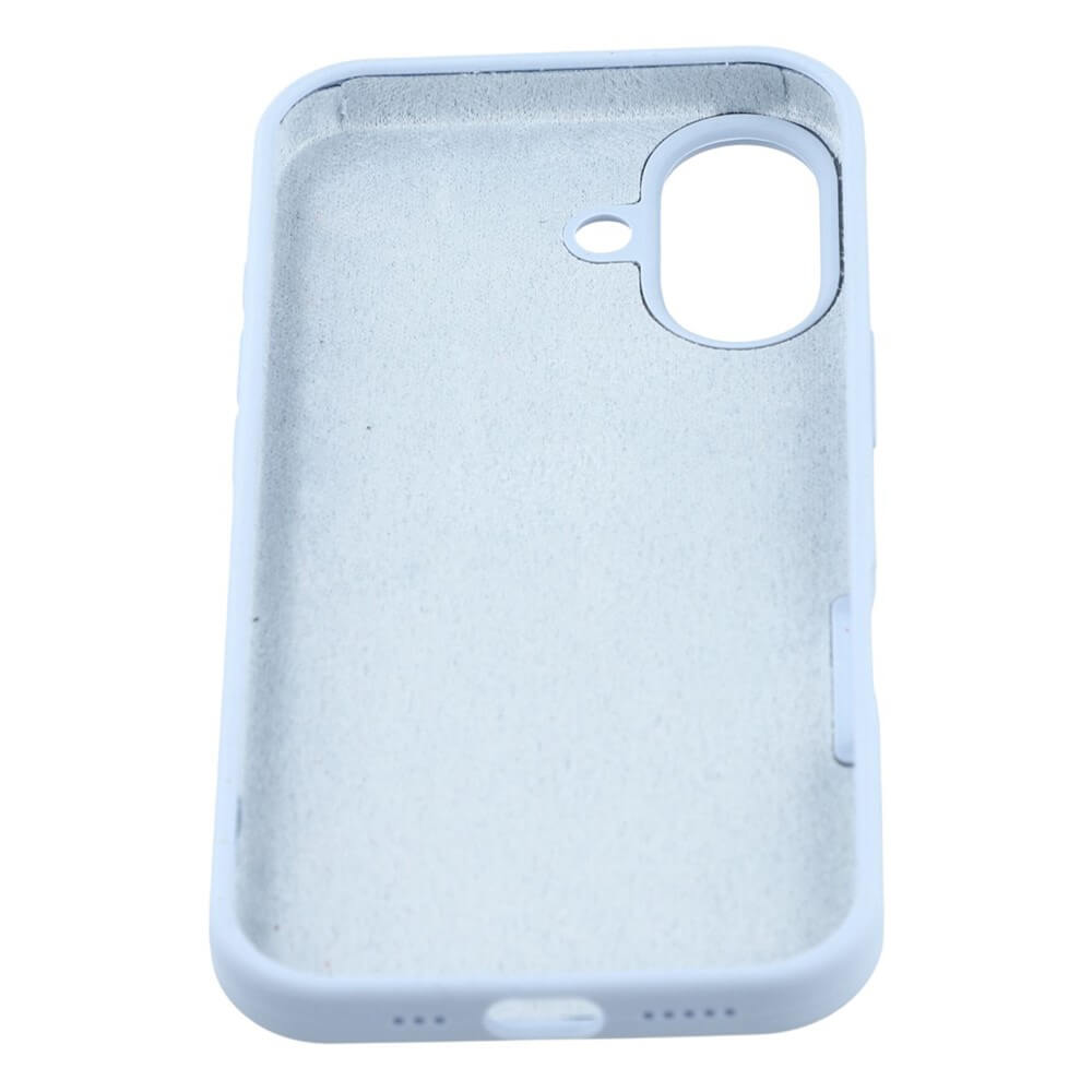Die Cover-Discount iPhone 17 - Solide Silikonhülle in Hellblau verfügt über eine Kameraaussparung und Soft-Touch-Finish für schlanken Schutz, dargestellt von innen vor einem weißen Hintergrund.