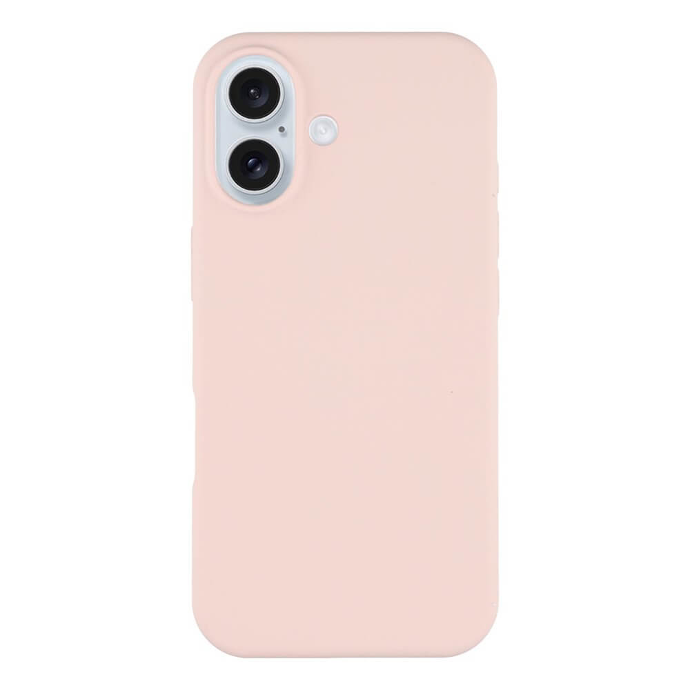 Ein hellrosa iPhone 17 mit Dual-Kamera und Blitz auf weißem Hintergrund, ausgestattet mit der Cover-Discount Solide Silikonhülle für schlanken Schutz.