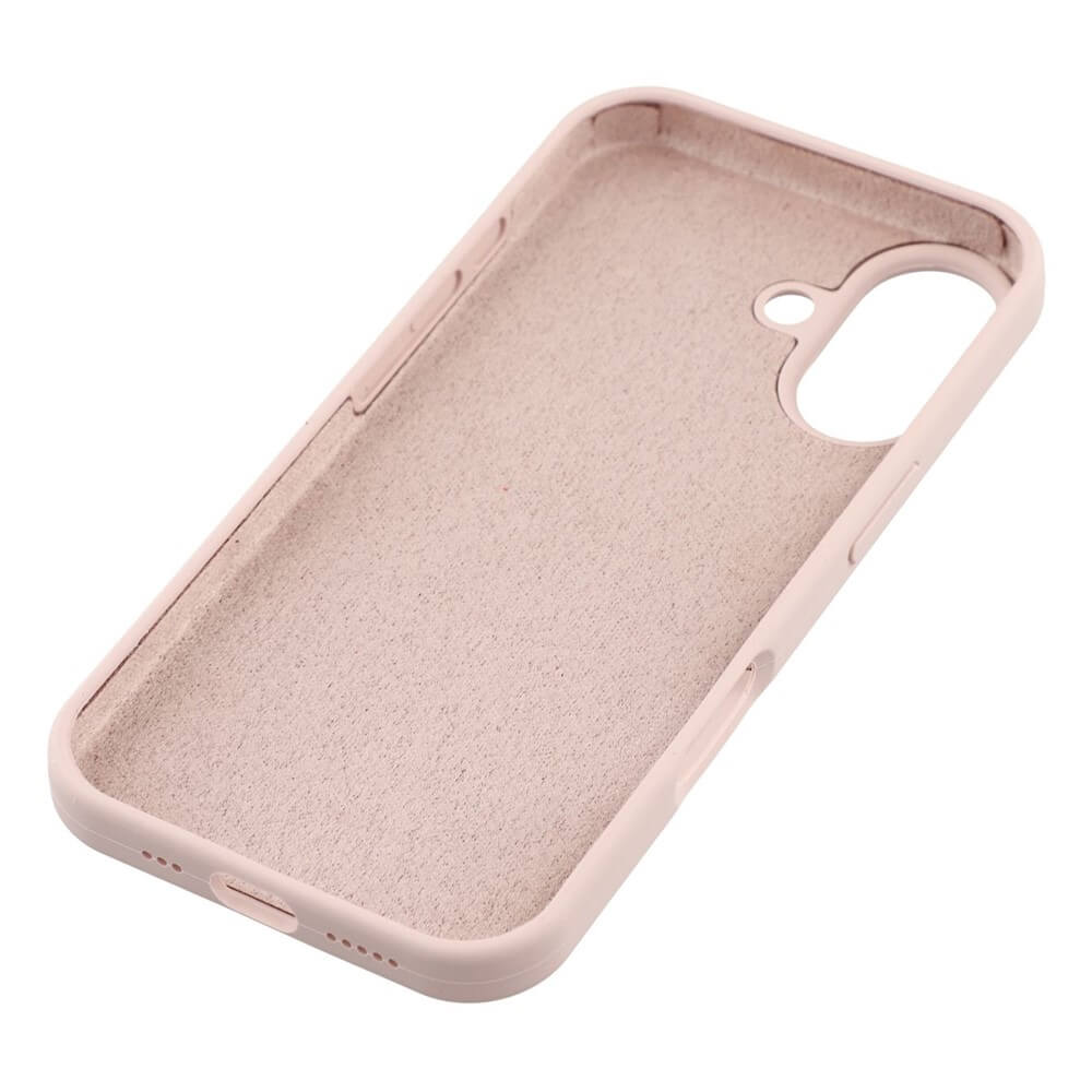 Die iPhone 17 - Solide Silikonhülle von Cover-Discount ist in Hellrosa mit Soft-Touch-Finish und weichem Innenfutter abgebildet, leer aus einem Winkel. Diese schlanke Hülle kombiniert Stil und Schutz für Ihr Gerät.