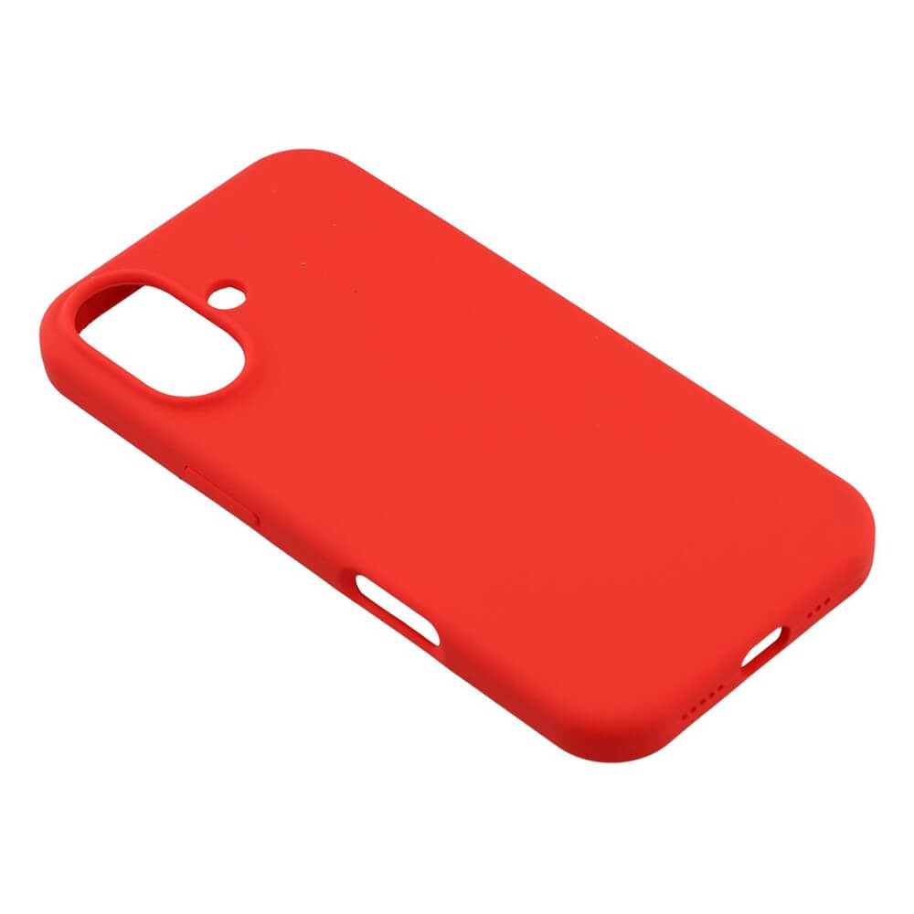 Die Cover-Discount iPhone 17 - Solide Silikonhülle in Rot bietet schlanken Schutz mit Kamera- und Tasten-Ausschnitten. Schräg auf weißem Hintergrund dargestellt.