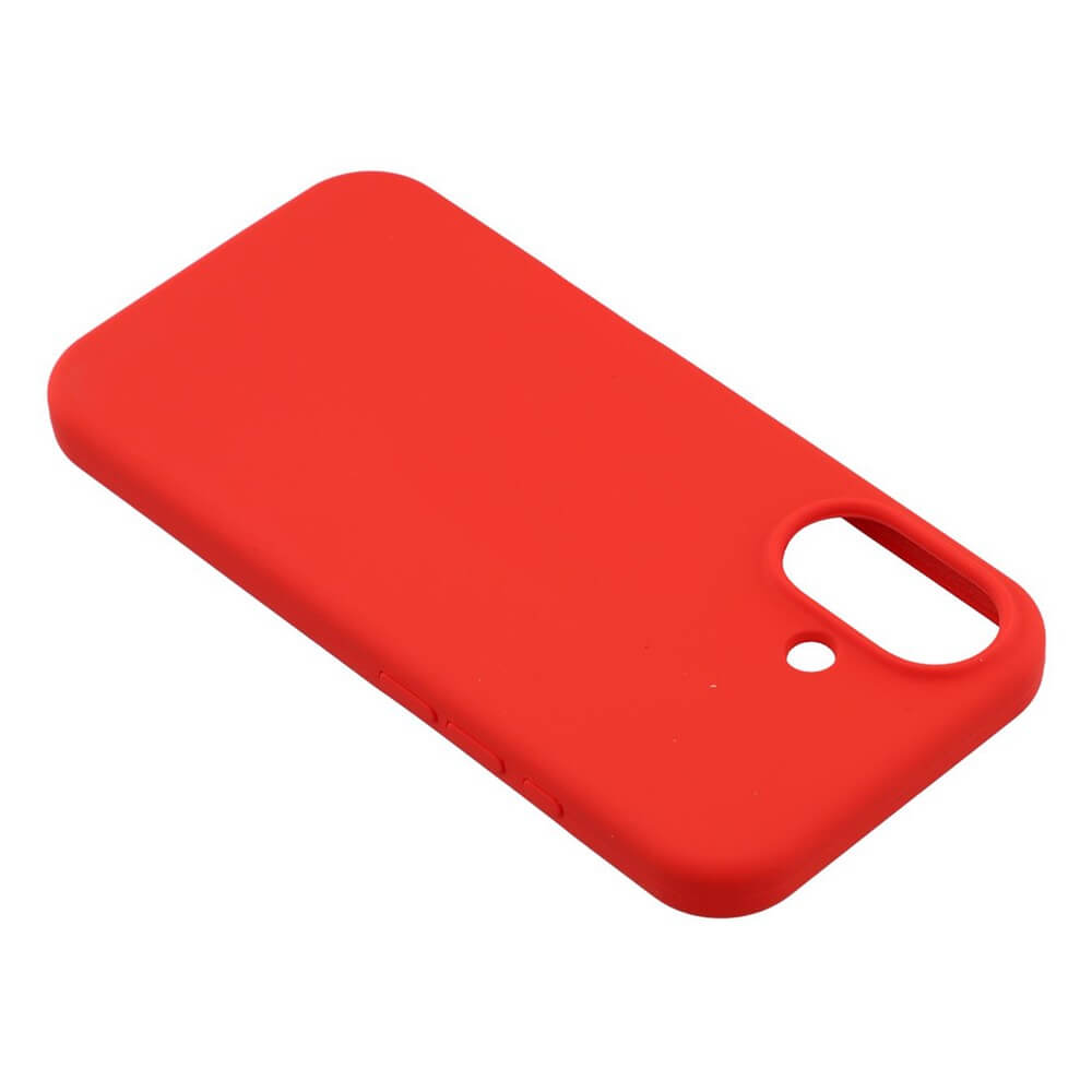 Die Cover-Discount iPhone 17 - Solide Silikonhülle in kräftigem Rot schützt schlank vor Kratzern, bietet präzise Aussparungen für Kamera und Tasten und ist auf weißem Hintergrund präsentiert.