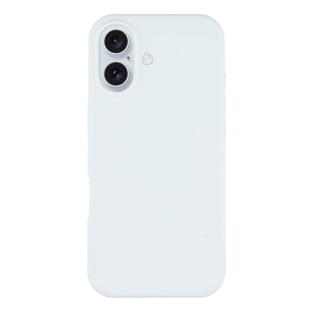Ein weisses iPhone 17 mit Dual-Rückkamera, von hinten in einer schlichten weissen Cover-Discount Solide Silikonhülle gezeigt, bietet schlanken Schutz.
