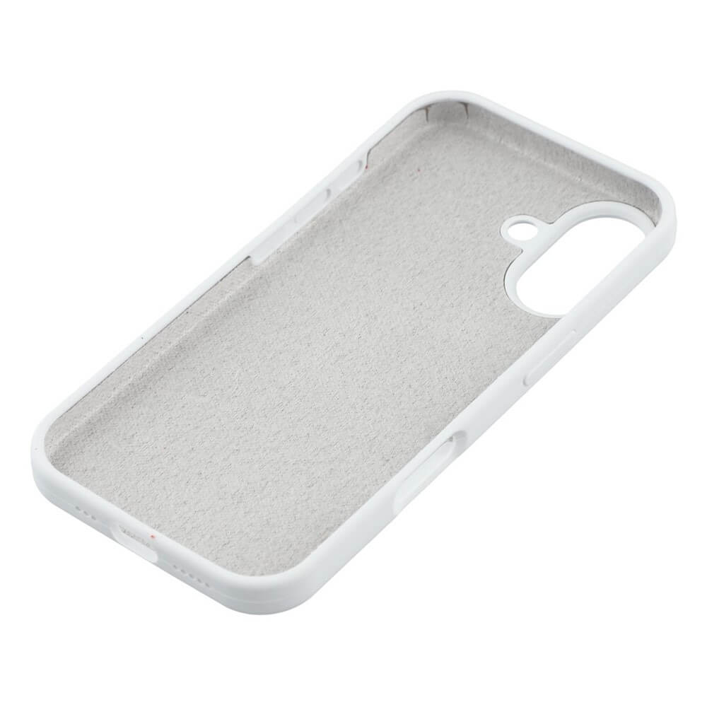 Die Cover-Discount iPhone 17 - Solide Silikonhülle in Weiß bietet schlanken Schutz, ein weiches graues Innenfutter und eine Soft-Touch-Oberfläche für Komfort und Griffigkeit. Abgebildet von innen und in einem Winkel.
