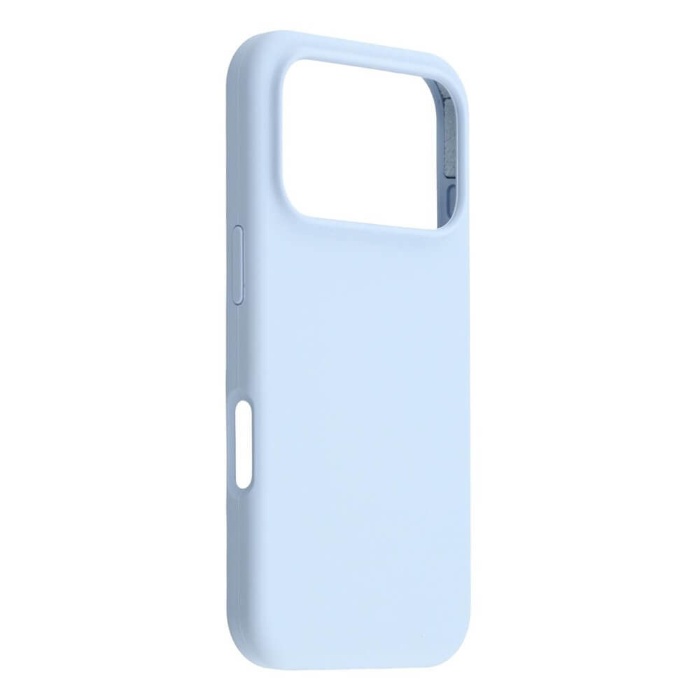 Die Cover-Discount iPhone 17 Pro - Solide Silikonhülle in hellblau verfügt über einen großen Kameraausschnitt und ist seitlich vor einem weißen Hintergrund abgebildet. Erleben Sie schlanken Rundumschutz und Soft-Touch Komfort für Ihr Gerät.