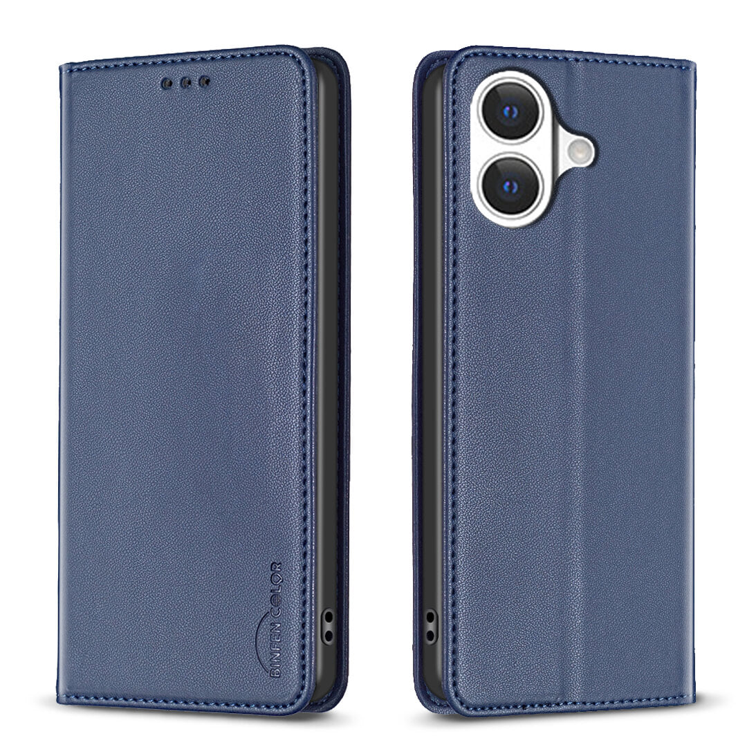 Zwei blaue BINFEN Color iPhone 17 - BINFEN Flip Case Hüllen, die auf Vorder- und Rückseite abgebildet sind, bieten vollen Schutz mit präzisen Kamera- und Anschlussausschnitten.