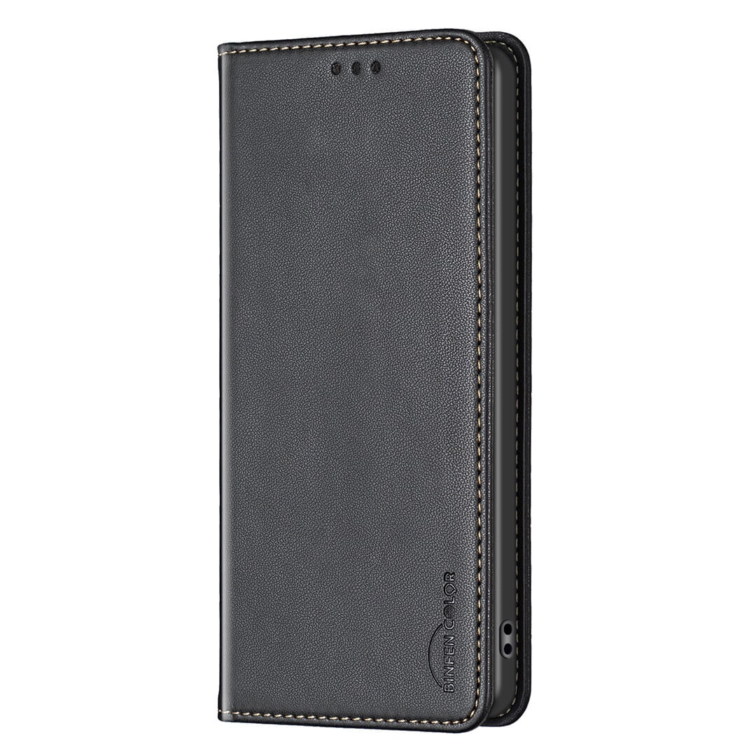 Das iPhone 17 - BINFEN Flip Case Hülle von BINFEN Color verfügt über schwarzes Kunstleder, sichtbare Nähte und ein geprägtes Logo. Geschlossen in einem Winkel dargestellt, bietet sie eleganten Rundum-Schutz für Ihr Gerät.