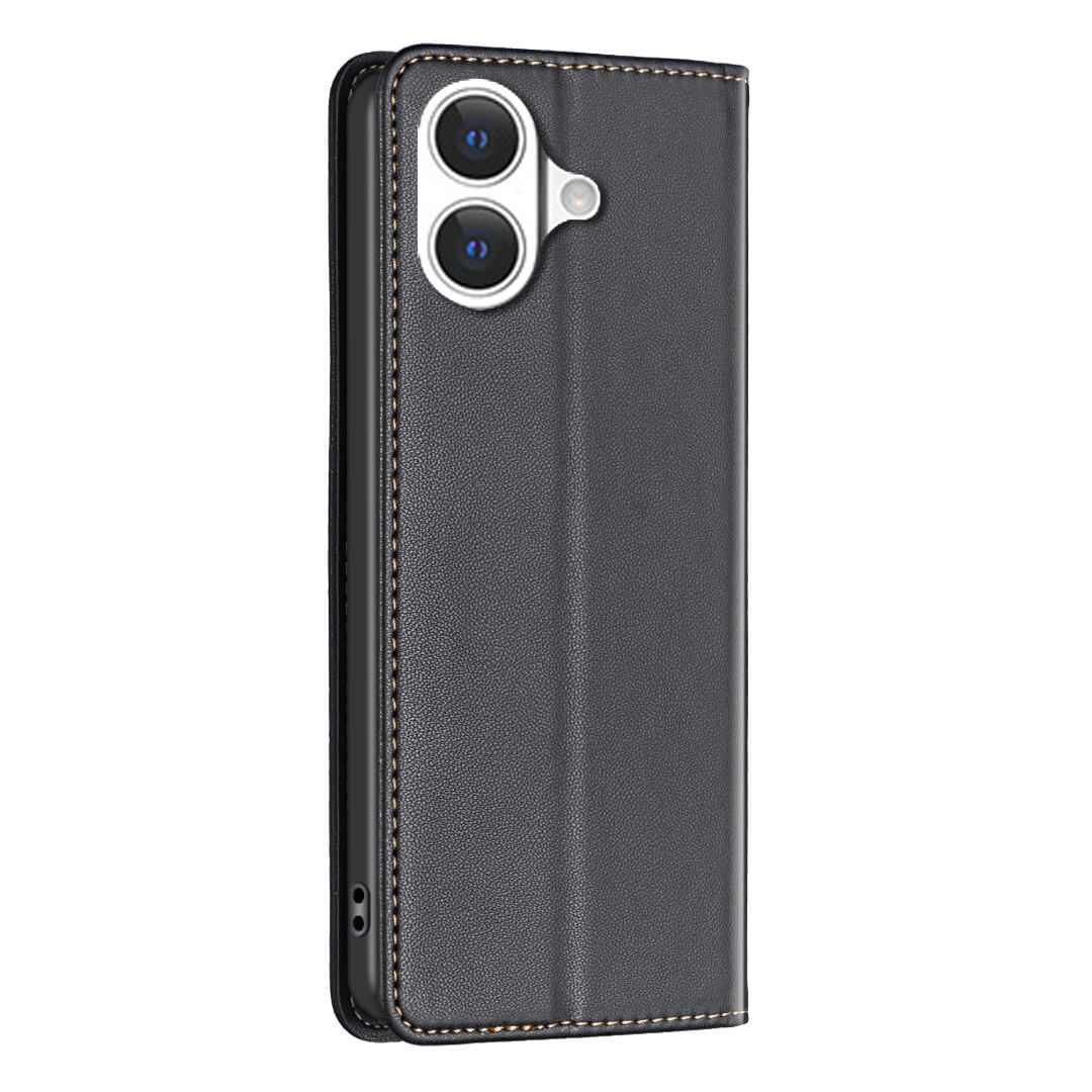 Die schwarze BINFEN Color Kunstlederhülle "iPhone 17 - BINFEN Flip Case Hülle" mit sichtbarer Naht und Kameraausschnitt bietet Rundum-Schutz, Stil und Sicherheit für Ihr Gerät.
