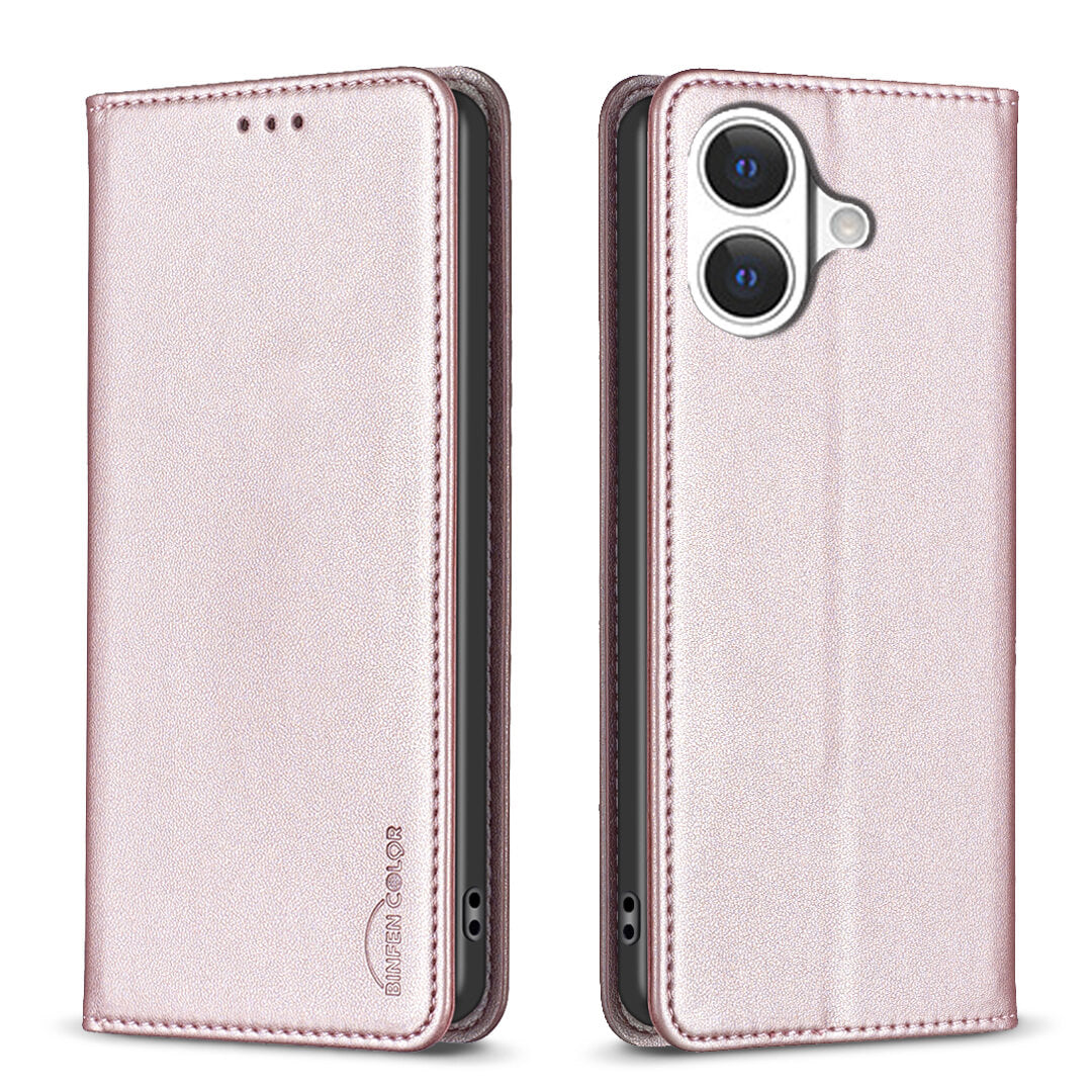 Zwei Ansichten des rosafarbenen iPhone 17 - BINFEN Flip Case Hülle by BINFEN Color - eine geschlossen, eine offen - heben die Kamera- und Anschlussöffnungen für den Rundum-Schutz hervor.