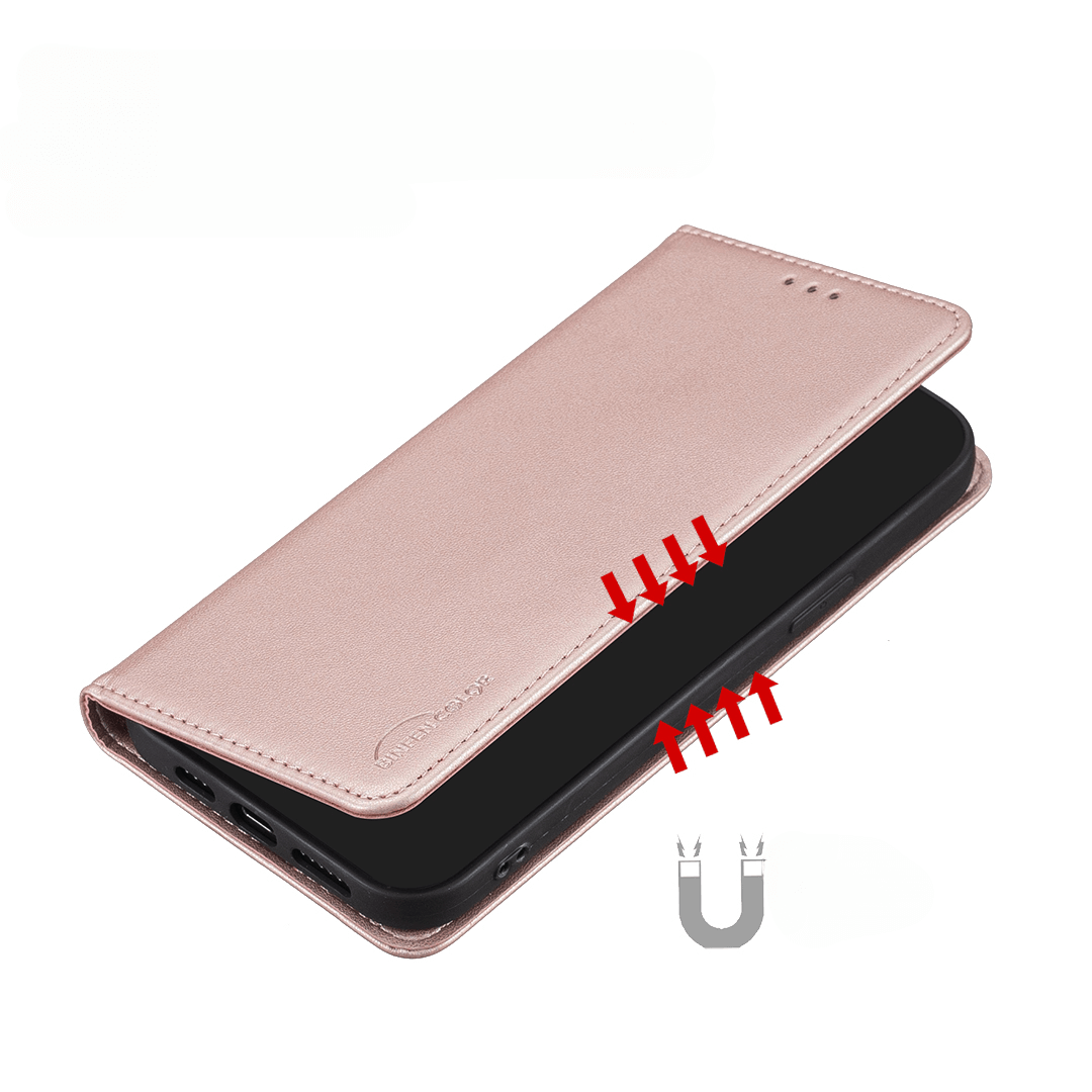 Das BINFEN Color iPhone 17 - BINFEN Flip Case Hülle in Pink schließt sich magnetisch über Ihrem Telefon, wobei rote Pfeile den sicheren Rundum-Schutz hervorheben.