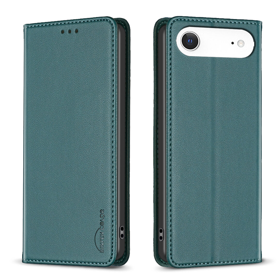 #farbe_grün|Das BINFEN Color iPhone 17 Air - BINFEN Flip Case Hülle wird sowohl geschlossen als auch geöffnet gezeigt, wobei das Telefon im Inneren mit einem Kameraausschnitt dargestellt wird.