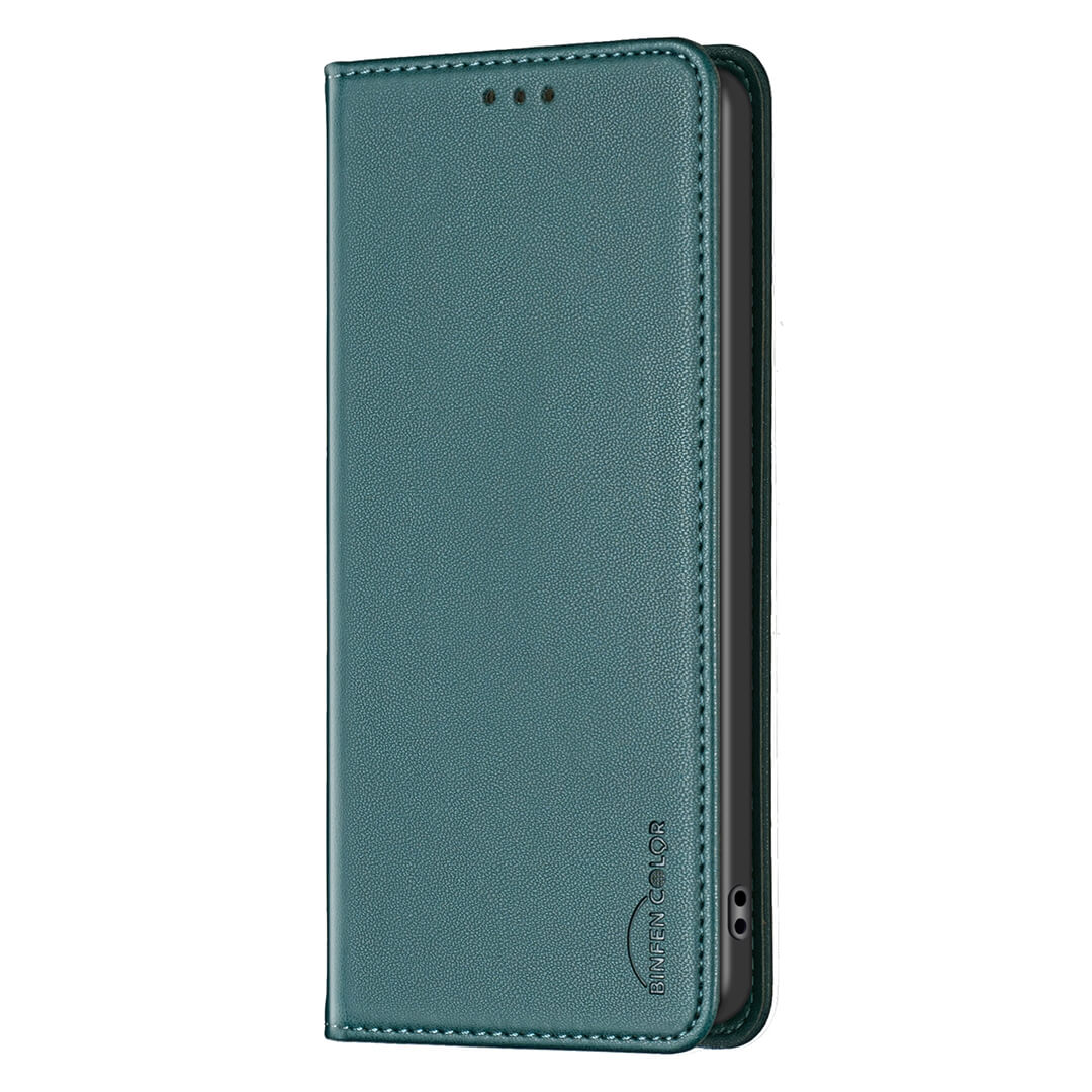 Das BINFEN Color iPhone 17 Air - BINFEN Flip Case Hülle in tealgrünem Kunstleder ist teilweise geöffnet und zeigt ein Smartphone im Inneren.