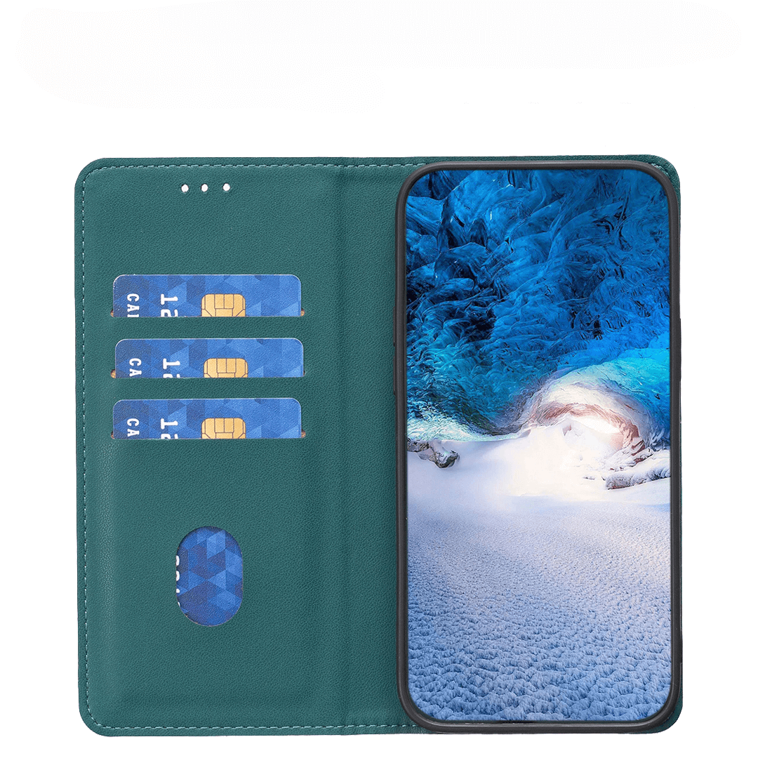 #farbe_grün|Das BINFEN Color iPhone 17 Air - BINFEN Flip Case Hülle bietet drei Kartenfächer für SIM-Karten und zeichnet sich durch ein stilvolles Design mit einem Telefon aus, das eine blau-weiße Eislandschaft zeigt und so Funktionalität mit Eleganz verbindet.