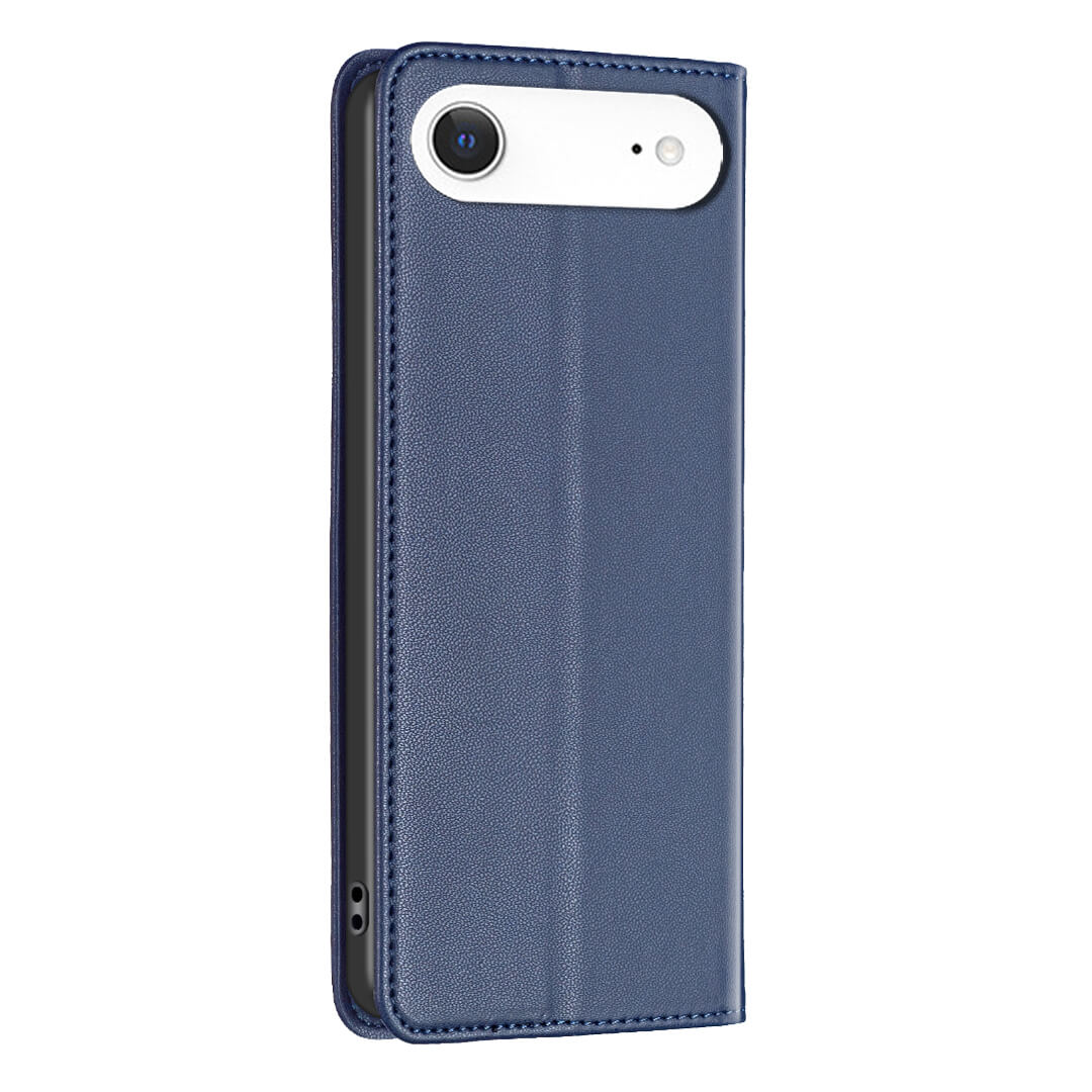 BINFEN Color BINFEN Flip Case Hülle für iPhone 17 Air aus blauem Kunstleder, von hinten und leicht rechts mit eingelegtem Smartphone betrachtet.