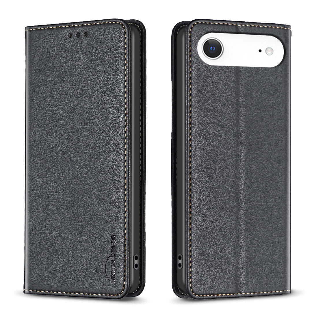 Zwei Ansichten der schwarzen BINFEN Color iPhone 17 Air - BINFEN Flip Case Hülle mit sichtbaren Nähten, geschlossen um ein weißes Smartphone.