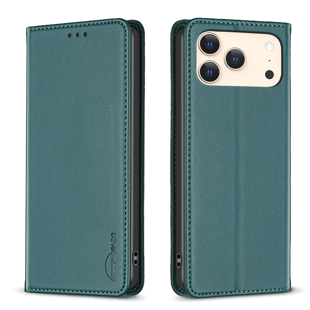 #farbe_grün|Die BINFEN Color iPhone 17 Pro Max - BINFEN Flip Case Hülle in Teal Green aus Kunstleder bietet Rundum-Schutz und hat einen Kameraausschnitt auf der Rückseite.