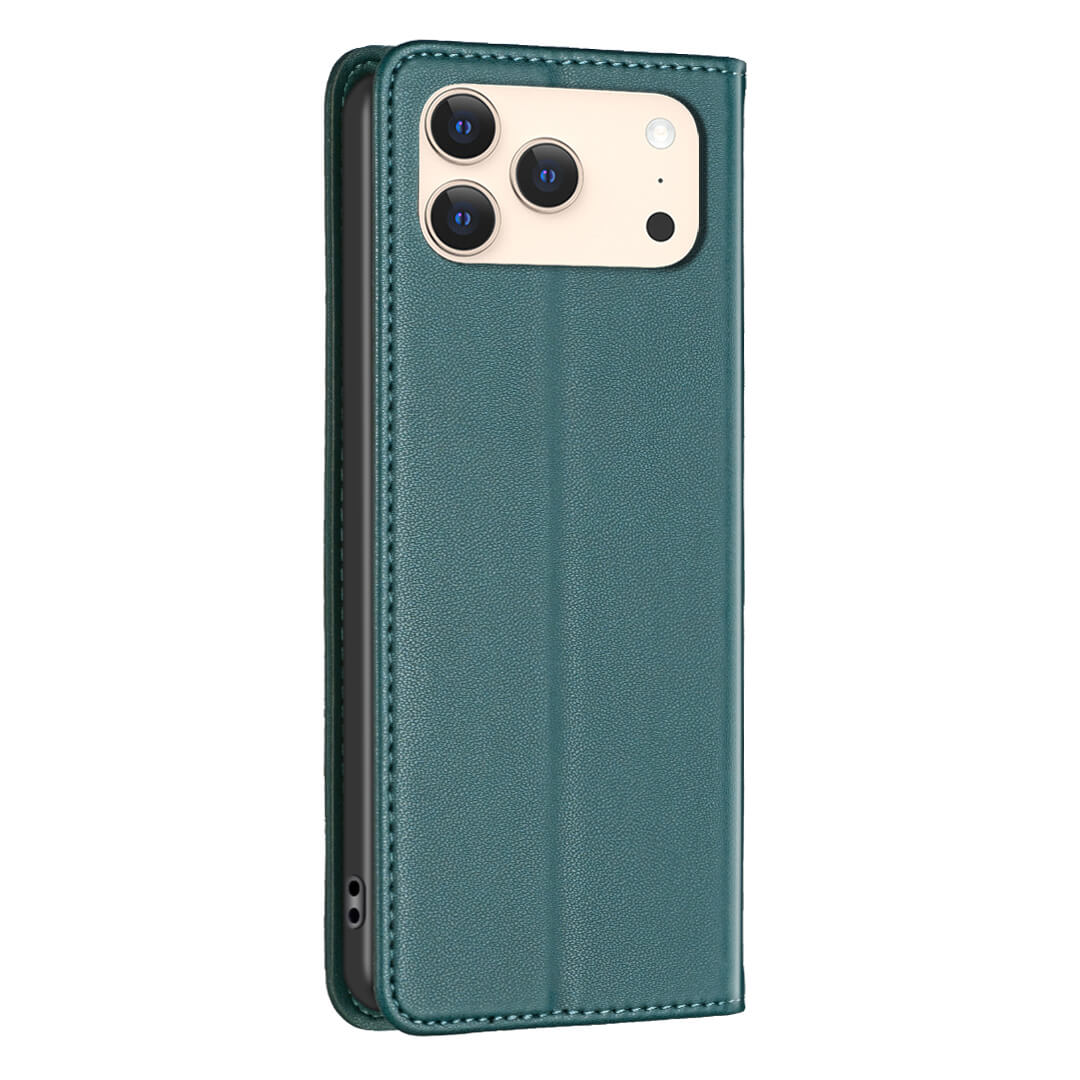 BINFEN Color iPhone 17 Pro Max - BINFEN Flip Case Hülle aus Teal Kunstleder mit Rundum-Schutz und Ausschnitt für Triple-Kamera, abgebildet halb geöffnet in stehender Position.